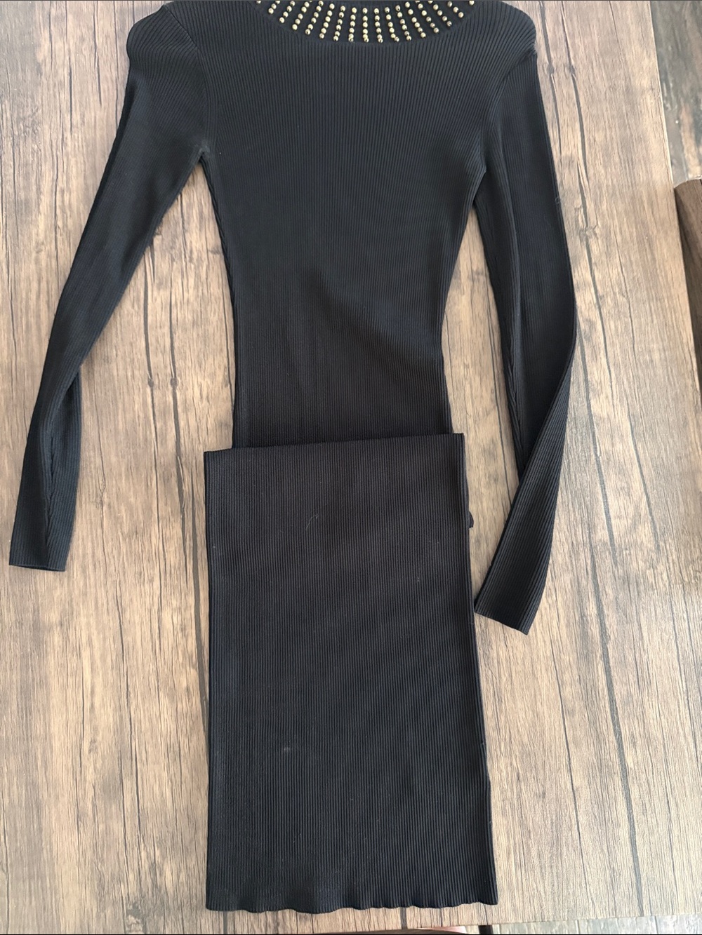 H&M Black Ribbed Long-Sleeve Midi Dress with Studded Neckline